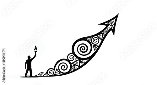Silhouette of person holding torch aloft on ascending decorative arrow graph symbolizing progress and achievement