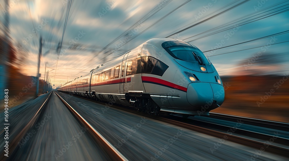 Naklejka premium High-Speed Train in Motion at Sunset