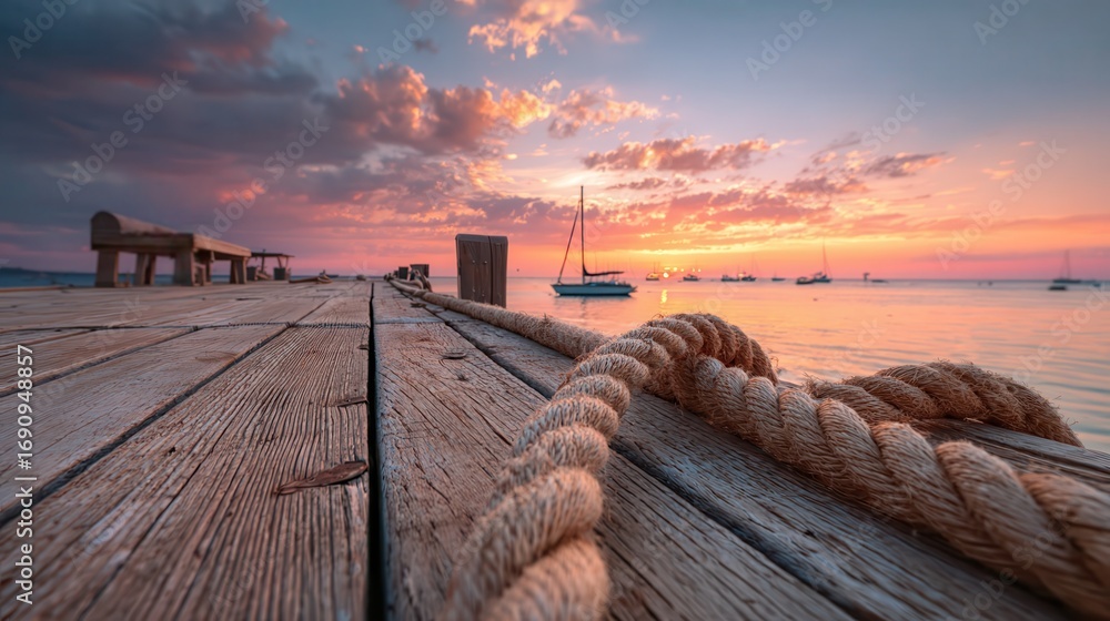 Fototapeta premium Wooden pier with thick rope leading towards calm sea with a sailboat under a bright sunset sky.