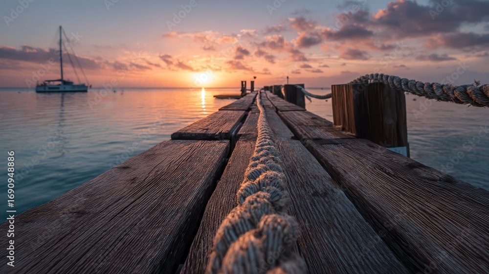 Naklejka premium Wooden pier with thick rope leading towards calm sea with a sailboat under a bright sunset sky.