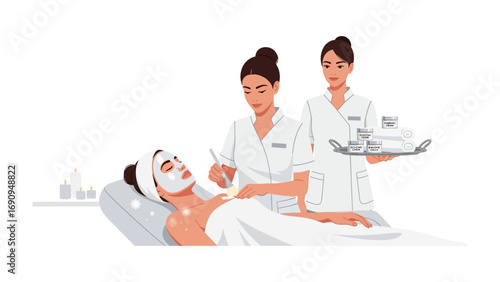 Two professional beauticians applying a facial mask to a relaxed woman lying on a spa bed in a modern beauty salon