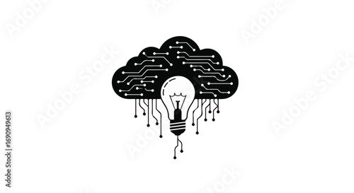 Digital cloud forms a lightbulb, symbolizing innovative ideas and technology.