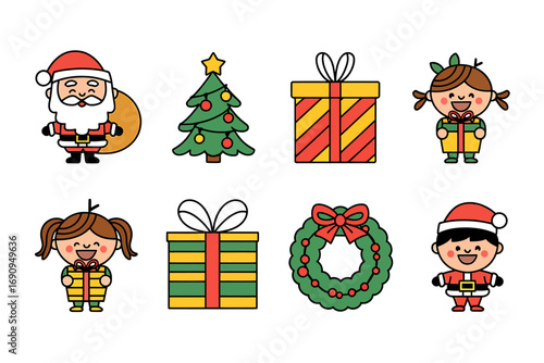 Vector art of cute cartoon christmas characters and elements like santa claus, christmas tree, gift box, wreath, and girl