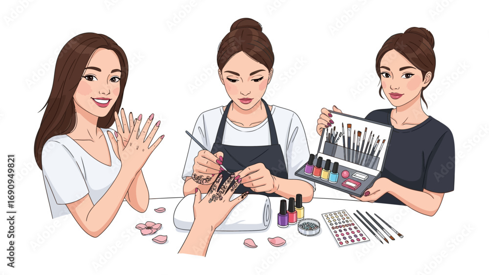Fototapeta premium Three diverse women in a nail salon or beauty school learning and practicing nail art techniques with polish and tools