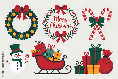 Vector art of collection of christmas icons including a wreath, merry christmas greeting, candy canes, a snowman, a sleigh full of gifts, and gift bundles