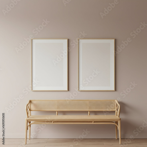Minimalist Wall Mockup with Square Frames and Rattan Bench
