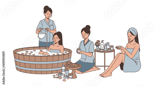 Relaxing spa treatment with women enjoying a warm herbal bath and professional massage therapy for ultimate rejuvenation and wellness
