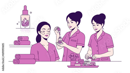 Three diverse women in a beauty salon receiving skincare treatments and product consultations from estheticians demonstrating beauty products