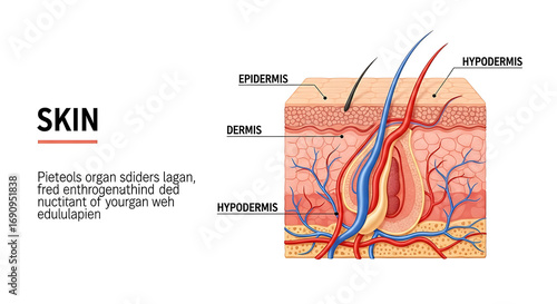 Detailed cross-sectional diagram of human skin layers hair follicle and associated structures