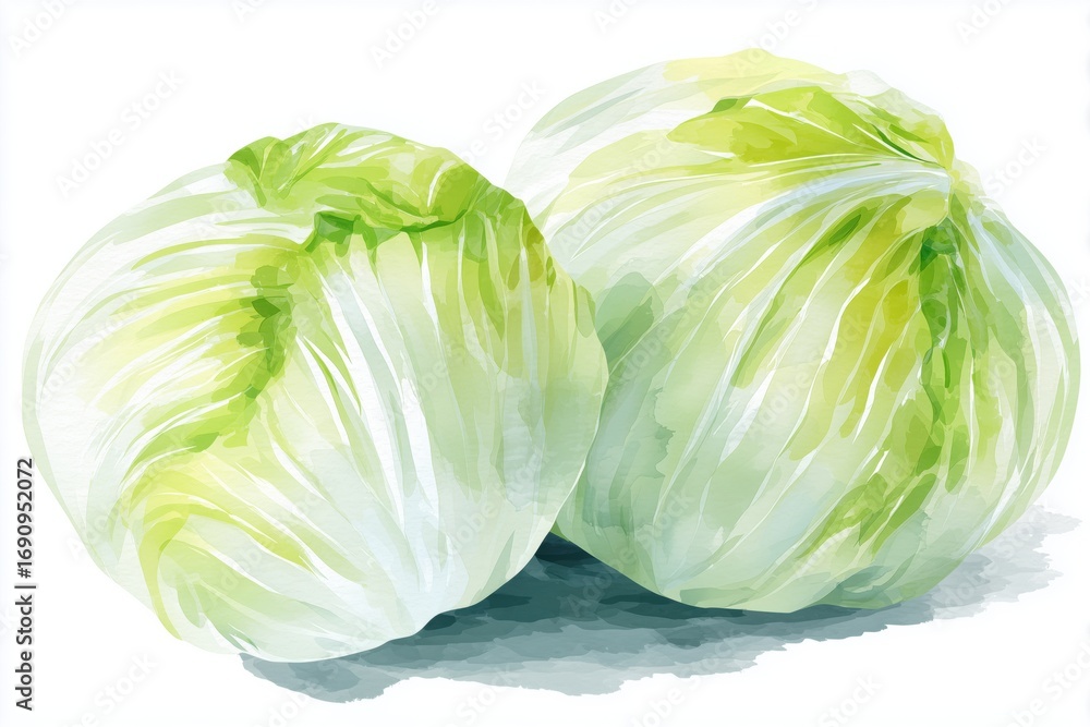 Fototapeta premium Watercolor illustration of two fresh, green heads of lettuce with detailed leaves, isolated on a white background