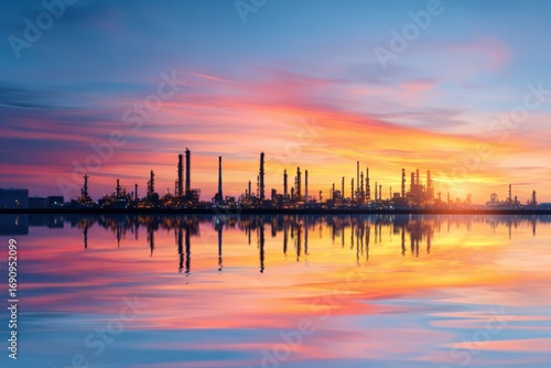 Industrial landscape at sunset with reflections