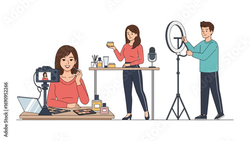 Diverse group of young adults creating online content for social media and vlogging with makeup and video equipment