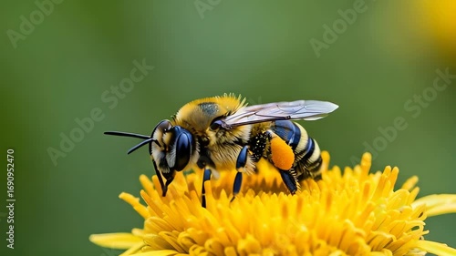 Close-up 4k video of a bee pollinating a vibrant yellow flower, showcasing intricate details in a green natural background with a warm, sunny mood.