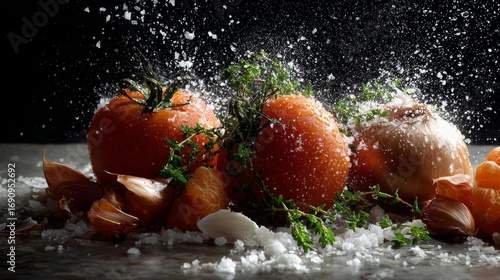Tomatoes splashed with water and seasoning captured freshness culinary organic vegetables food composition