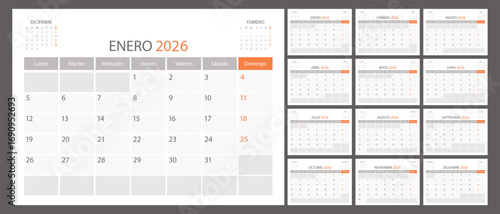 Spanish calendar planner 2026 year, schedule month calender, organizer template. Week starts on Monday. Business personal page for Spain. Modern simple dairy. Vector illustration