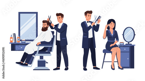 Professional male barber meticulously cutting hair of a bearded man in a salon chair while a female stylist styles a woman s hair at a vanity