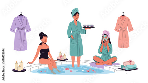 Relaxing spa day scene with women enjoying treatments and refreshments in a serene and tranquil atmosphere