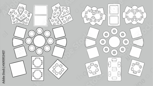 Layout of two rooms with tables, chairs, and decorative elements in a schematic representation style