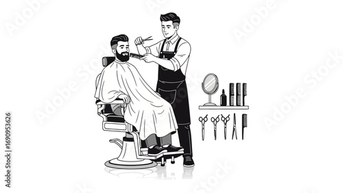 Vintage style illustration of a barber giving a man a haircut in a classic barber chair with tools on a shelf