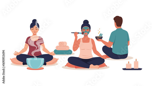 Three diverse individuals practicing mindfulness meditation and self care rituals with herbal tea and facial masks for relaxation and well being
