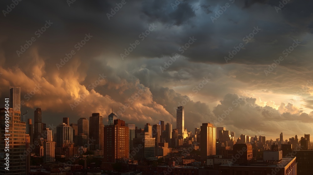 Fototapeta premium New York City Skyline at Sunset with Storm Clouds