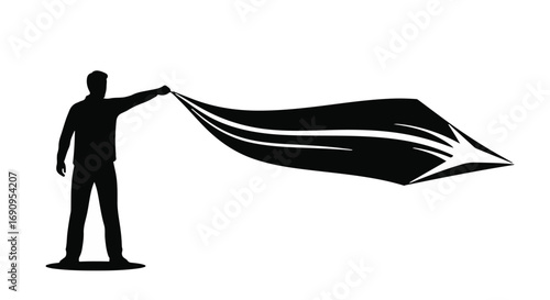 Silhouette of a person holding a flowing black fabric against a white background, symbolizing revelation or creation