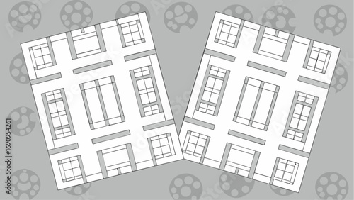 Two architectural floor plans with rectangular rooms and gray accents on a patterned background