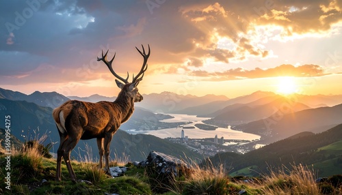 Fototapeta Naklejka Na Ścianę i Meble -  Majestic deer at sunset over mountains