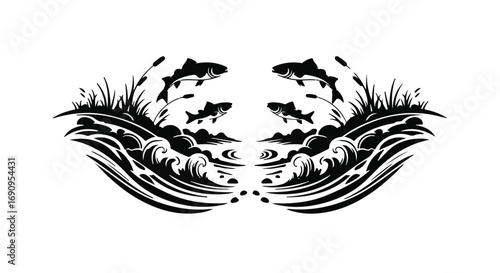 Dynamic illustration of fish leaping from flowing water amidst reeds, symbolizing nature's energy.
