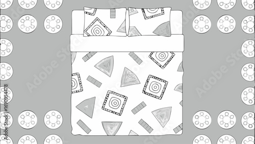 Overhead view of a bed with patterned bedding and two pillows surrounded by circular designs on gray
