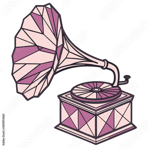 Antique gramophone with a large horn and ornate geometric detailing