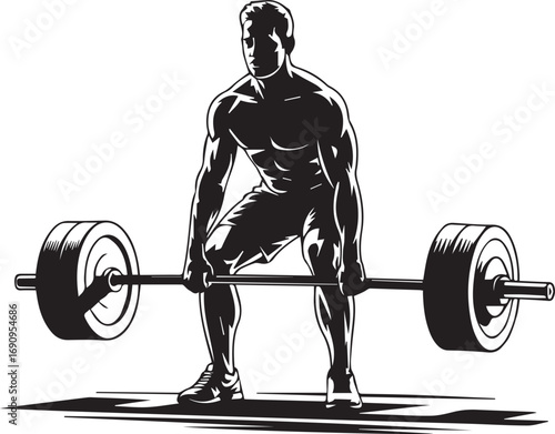 Muscular fitness athlete performing deadlift exercise with heavy barbell during weightlifting workout