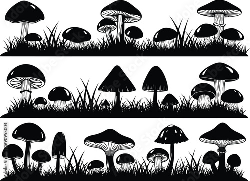 Silhouettes of various mushrooms and grass in three horizontal rows against a white background