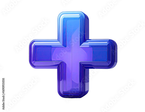 3D rendered plus sign, vibrant purple-blue hue, glossy finish