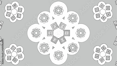 Top view of a wedding reception layout with multiple tables and floral arrangements in black and white style