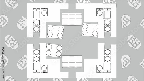 A top down view of a kitchen layout with multiple appliances and cabinets in a repeating pattern design