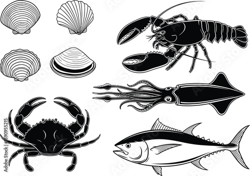 Collection of vintage style black and white illustrations of various seafood and shellfish