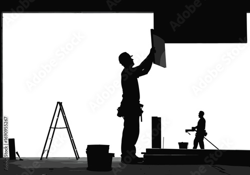 Silhouette of construction workers lifting drywall panel indoors with ladder, bucket, and tools, engaged in renovation, carpentry, and building site teamwork