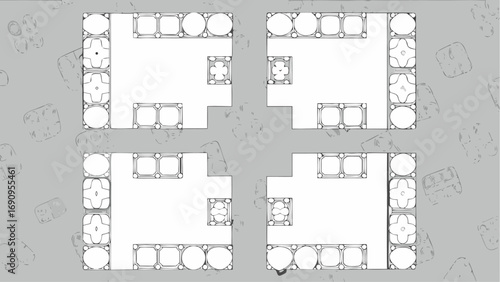 Overhead view of four square rooms arranged in a symmetrical pattern with decorative elements along walls