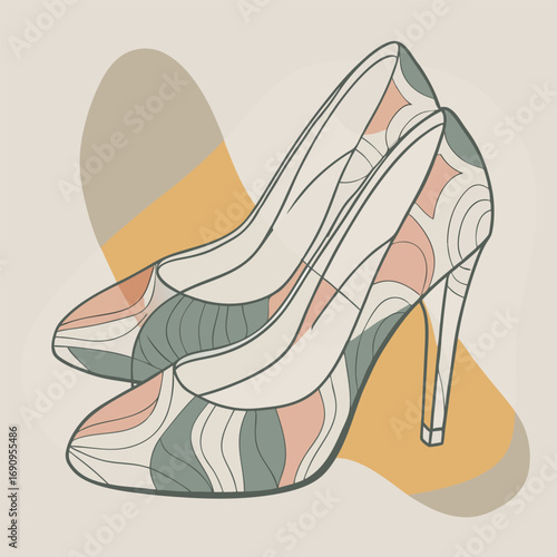 Stylish high heel shoes with a retro abstract pattern in pastel colors
