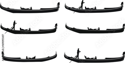 Six silhouetted gondolas with oars and gondoliers on white background venetian transportation icons