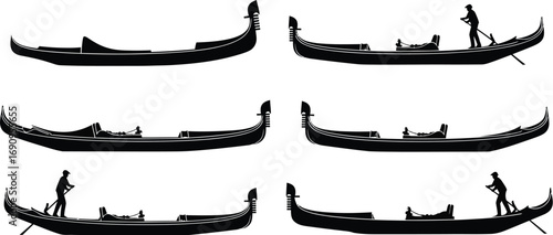 Silhouettes of six traditional venetian gondolas with gondoliers navigating canals in a stylized artistic representation