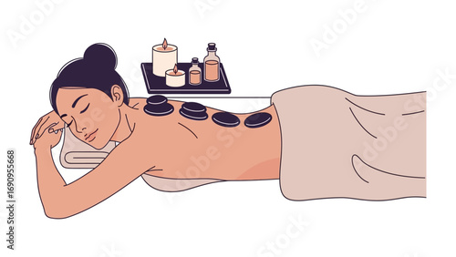 Serene woman receiving a relaxing hot stone massage therapy treatment on her back in a spa setting with candles and oils