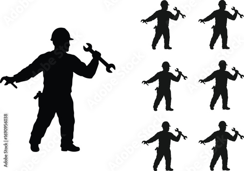 Silhouette of construction worker holding wrench tool, mechanic engineer figure, industrial labor man with equipment, repair, maintenance, fixing, and building concept illustration
