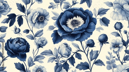 Fototapeta Naklejka Na Ścianę i Meble -  A detailed floral pattern design showcases a profusion of deep blue flowers and leaves on a light cream background.