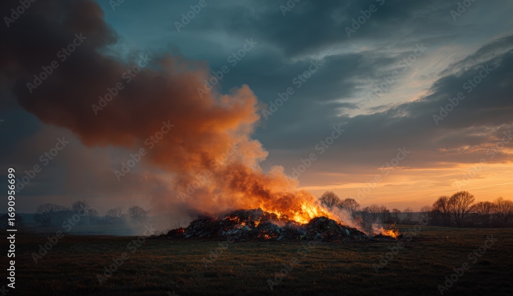 Fototapeta premium Sunset bonfire in a field