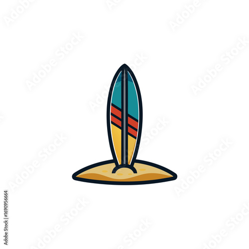Colorful surfboard stuck in sand isolated on transparent background