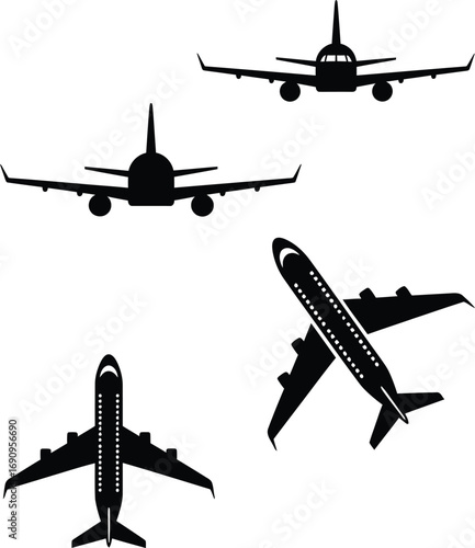 Airplane in different views front, back, top, isometric view of the commercial plane