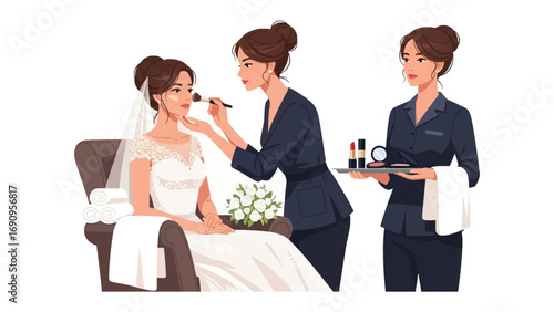 Bride receiving professional makeup application from a skilled artist with an assistant holding beauty products and towels on white background