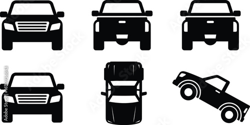Pickup truck in different views, front, back, top, isometric view of the pickup vehicle